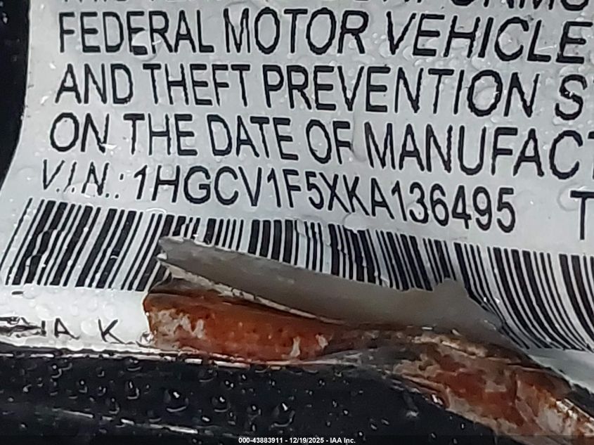 2019 Honda Accord Ex-L VIN: 1HGCV1F5XKA136495 Lot: 43883911