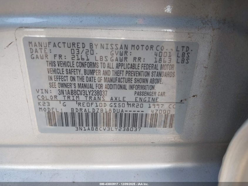 2020 Nissan Sentra Sv Xtronic Cvt VIN: 3N1AB8CV3LY238037 Lot: 43883917