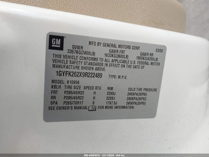 2009 Cadillac Escalade Esv Standard VIN: 1GYFK262X9R222489 Lot: 43883919