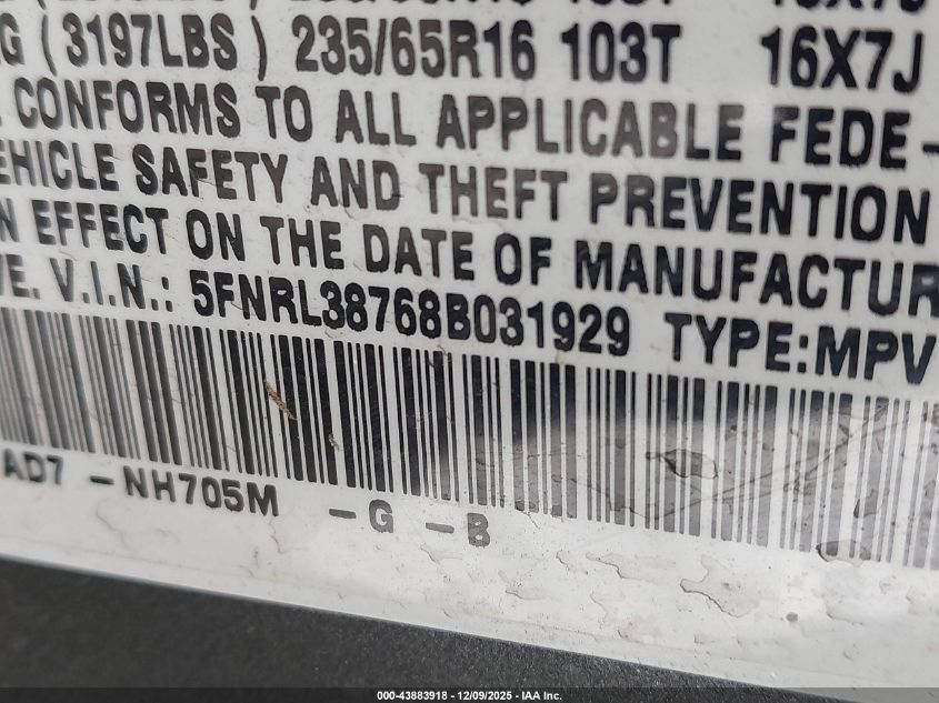 2008 Honda Odyssey Ex-L VIN: 5FNRL38768B031929 Lot: 43883918