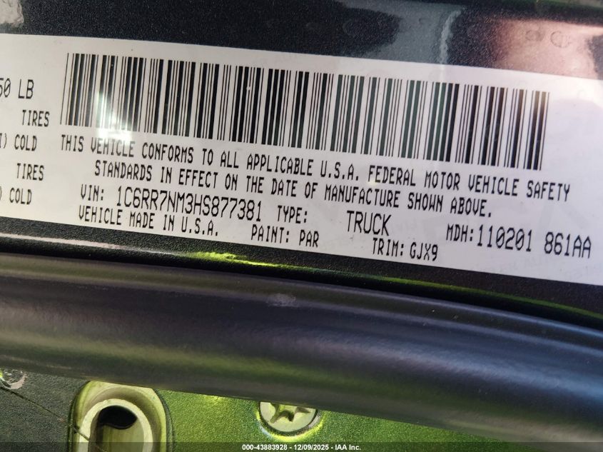 2017 Ram 1500 Laramie 4X4 5'7 Box VIN: 1C6RR7NM3HS877381 Lot: 43883928