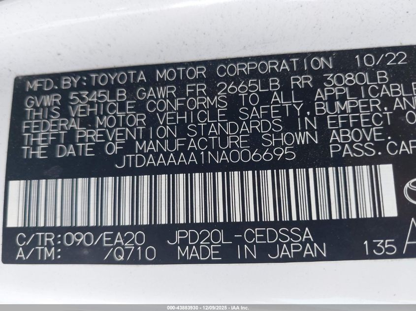 2022 Toyota Mirai Xle VIN: JTDAAAAA1NA006695 Lot: 43883930