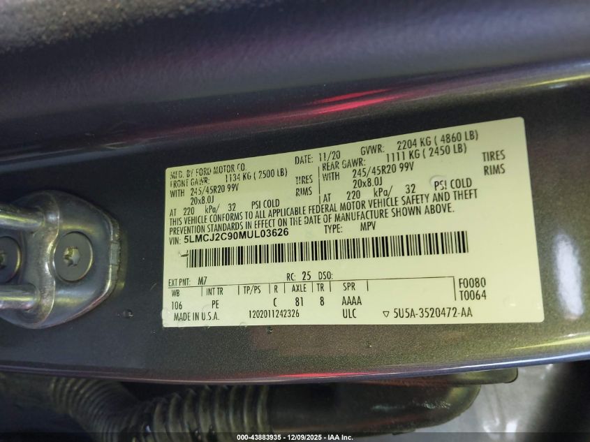 2021 Lincoln Corsair Reserve VIN: 5LMCJ2C90MUL03626 Lot: 43883935