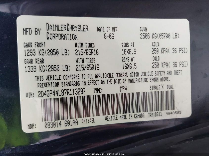 2007 Dodge Grand Caravan Sxt VIN: 2D4GP44L87R113297 Lot: 43883944