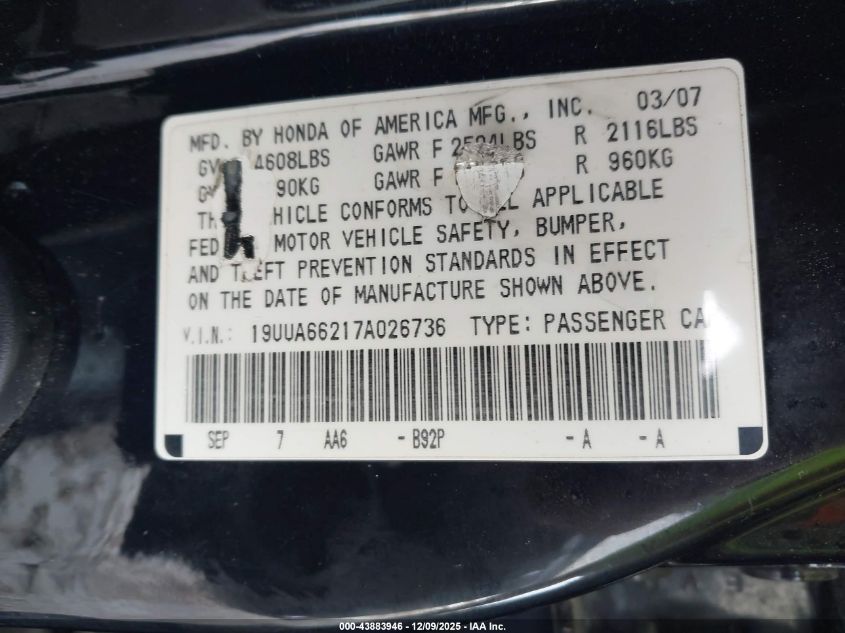 2007 Acura Tl 3.2 VIN: 19UUA66217A026736 Lot: 43883946