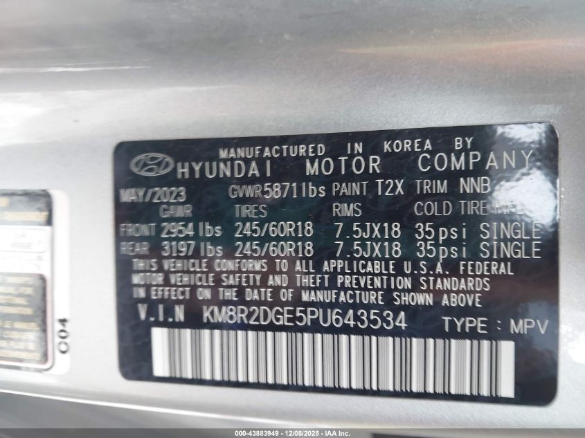 2023 Hyundai Palisade Sel VIN: KM8R2DGE5PU643534 Lot: 43883949