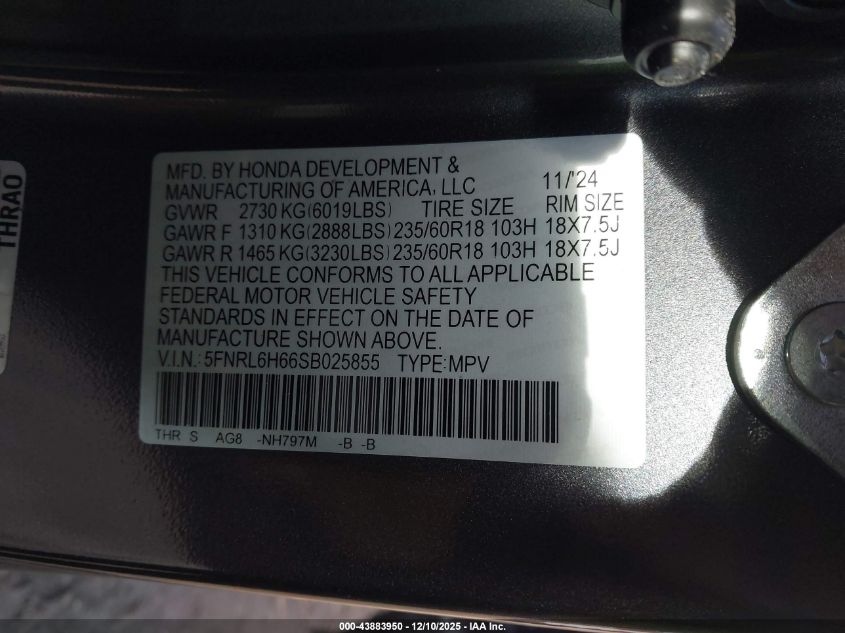 2025 Honda Odyssey Ex-L VIN: 5FNRL6H66SB025855 Lot: 43883950