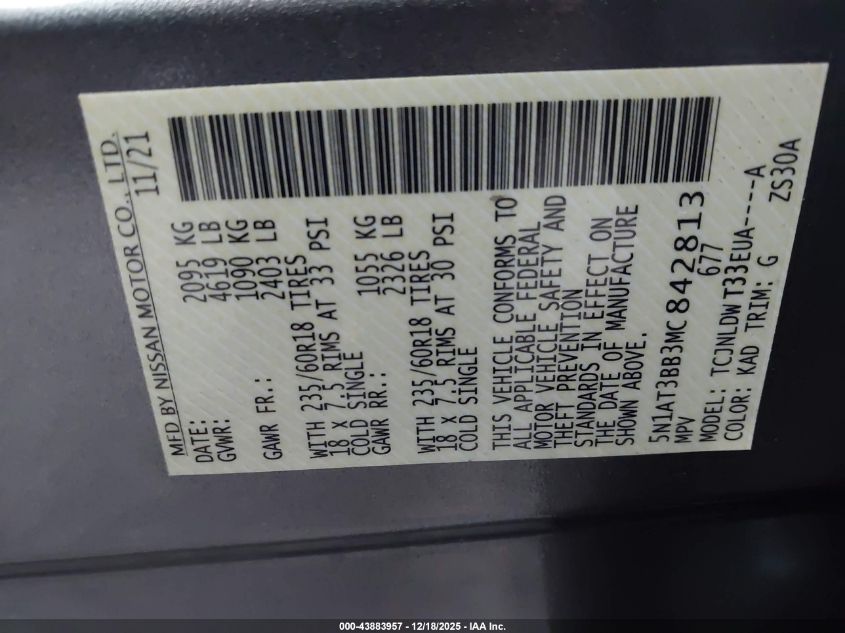 2021 Nissan Rogue Sv Intelligent Awd VIN: 5N1AT3BB3MC842813 Lot: 43883957