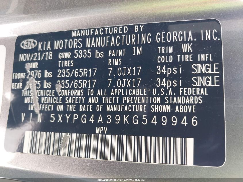 2019 Kia Sorento L/Lx VIN: 5XYPG4A39KG549946 Lot: 43883960