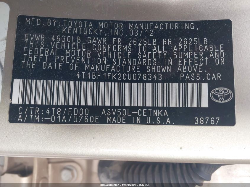 2012 Toyota Camry Le VIN: 4T1BF1FK2CU078343 Lot: 43883967