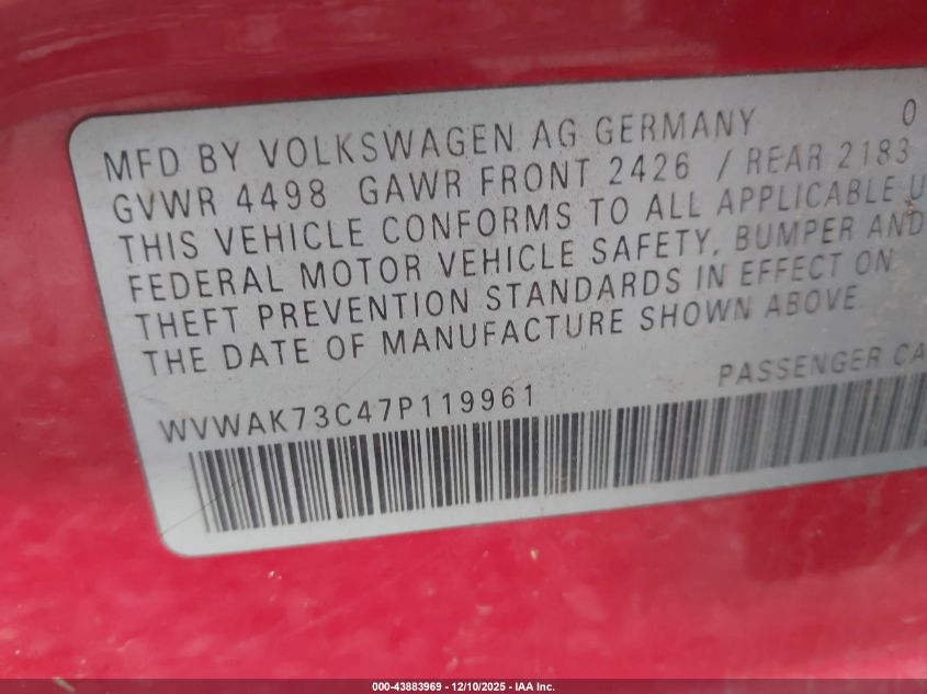 2007 Volkswagen Passat Wolfsburg Edition VIN: WVWAK73C47P119961 Lot: 43883969