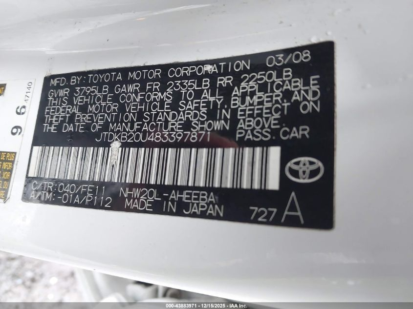 2008 Toyota Prius Touring VIN: JTDKB20U483397871 Lot: 43883971