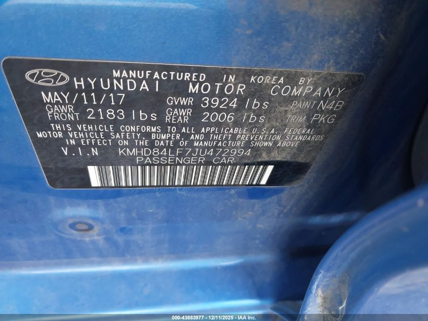 2018 Hyundai Elantra Value Edition VIN: KMHD84LF7JU472994 Lot: 43883977