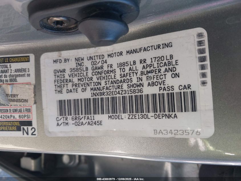 2004 Toyota Corolla Le VIN: 1NXBR32E04Z315836 Lot: 43883979