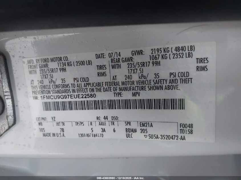 2014 Ford Escape Se VIN: 1FMCU9G97EUE22580 Lot: 43883980