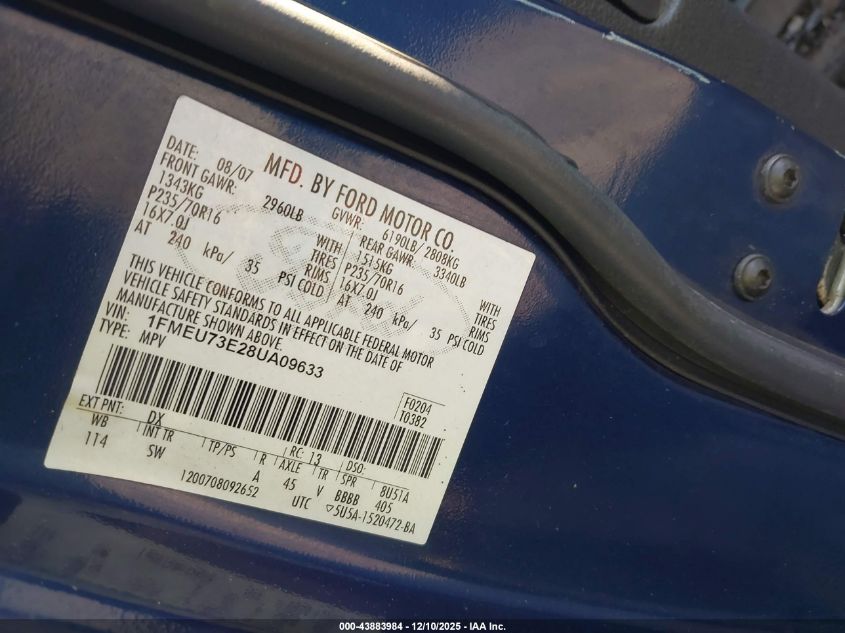 2008 Ford Explorer Xlt VIN: 1FMEU73E28UA09633 Lot: 43883984