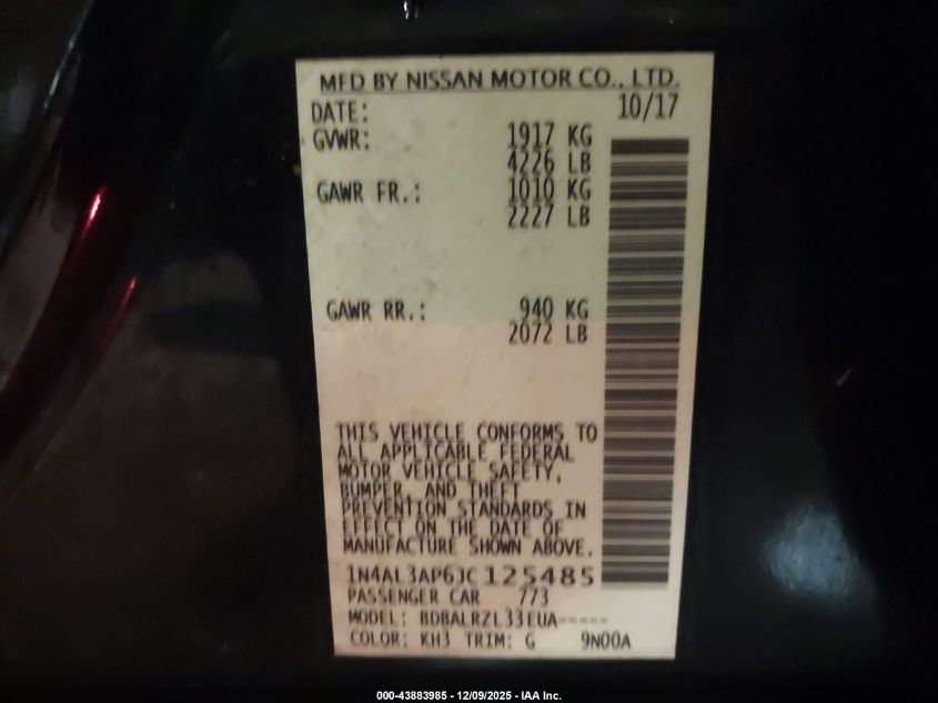 2018 Nissan Altima 2.5 Sl VIN: 1N4AL3AP6JC125485 Lot: 43883985