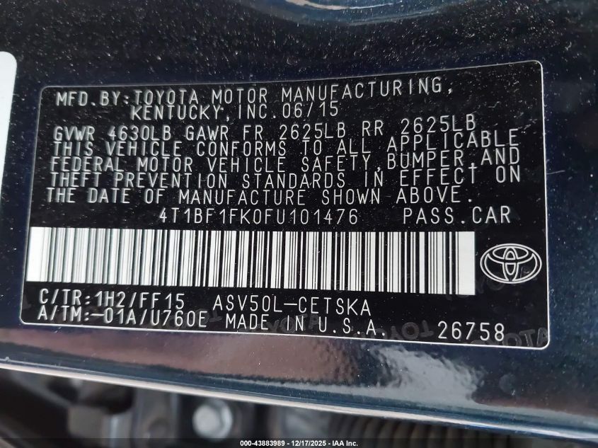 2015 Toyota Camry Se VIN: 4T1BF1FK0FU101476 Lot: 43883989