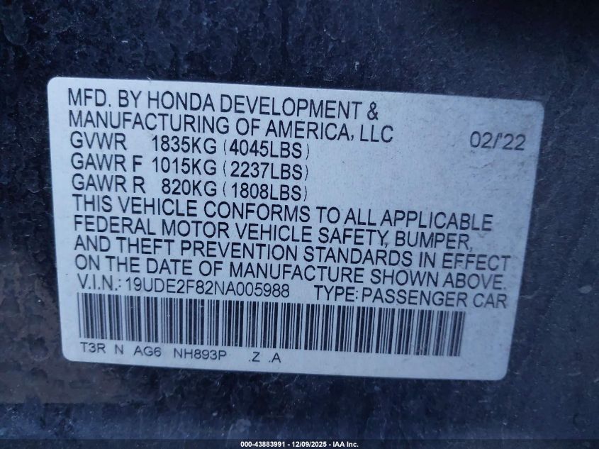 2022 Acura Ilx Premium A-Spec Packages/Technology A-Spec Packages VIN: 19UDE2F82NA005988 Lot: 43883991