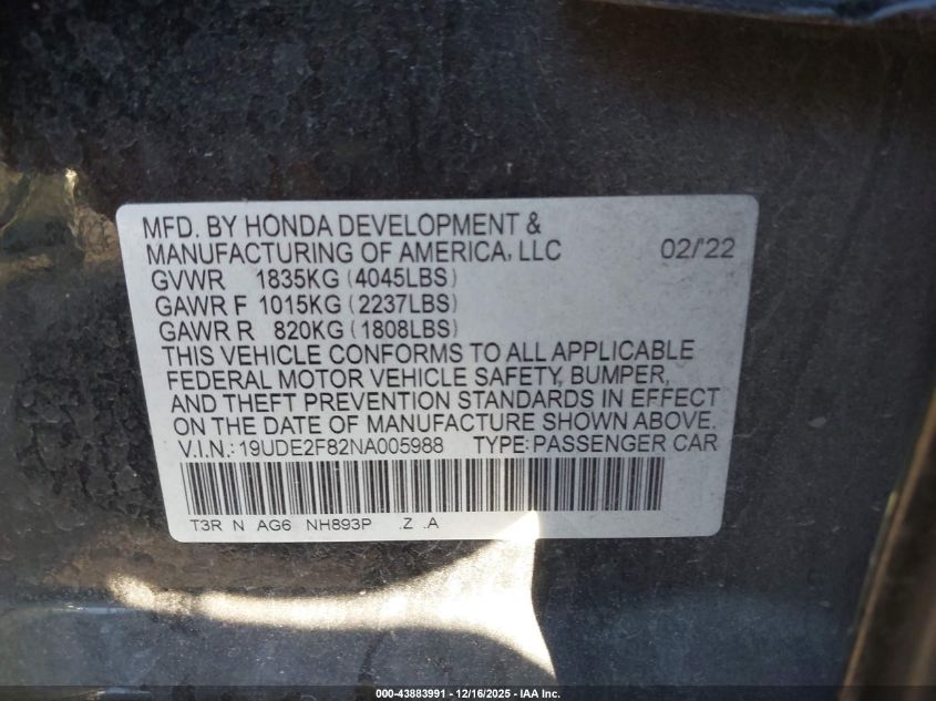 2022 Acura Ilx VIN: 19UDE2F82NA005988 Lot: 43883991