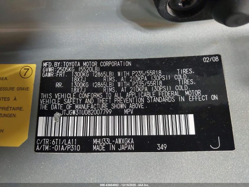 2008 Lexus Rx 400H VIN: JTJGW31U082007799 Lot: 43884002