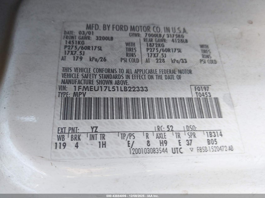1FMEU17L51LB22333 2001 FORD EXPEDITION photo no. 9