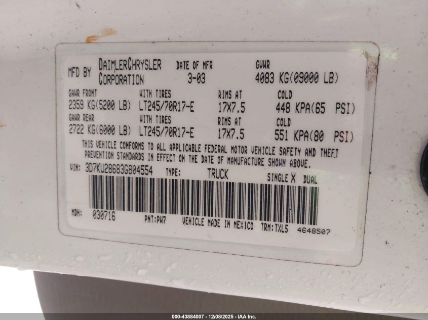 2003 Dodge Ram 2500 Slt/Laramie/St VIN: 3D7KU28683G804554 Lot: 43884007