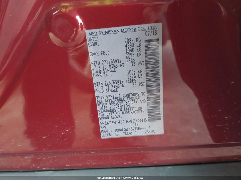 2018 Nissan Rogue Sv VIN: 5N1AT2MT4JC842086 Lot: 43884029