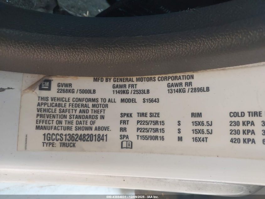 2004 Chevrolet Colorado Ls VIN: 1GCCS136248201841 Lot: 43884031