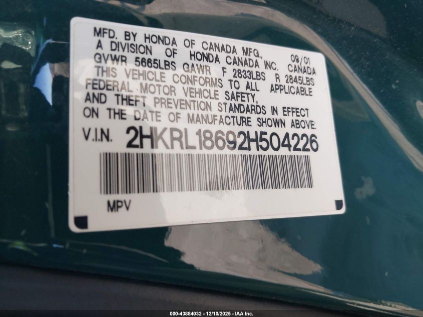 2002 Honda Odyssey Ex VIN: 2HKRL18692H504226 Lot: 43884032