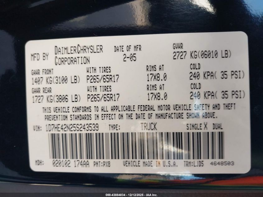 2005 Dodge Dakota Slt VIN: 1D7HE42N25S243539 Lot: 43884034