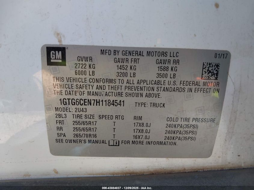 2017 GMC Canyon Sle VIN: 1GTG6CEN7H1184541 Lot: 43884037