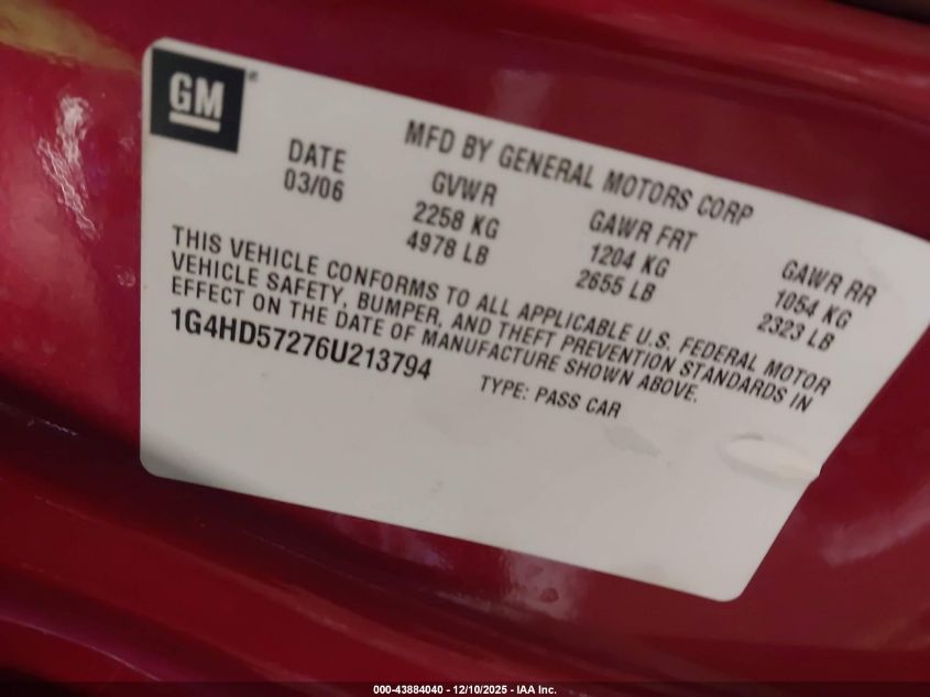 2006 Buick Lucerne Cxl VIN: 1G4HD57276U213794 Lot: 43884040