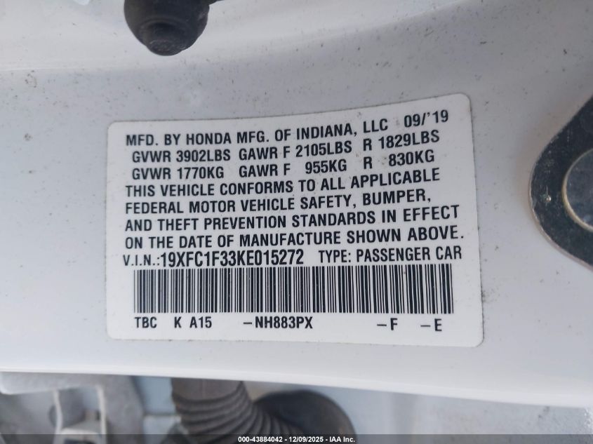 2019 Honda Civic Ex VIN: 19XFC1F33KE015272 Lot: 43884042
