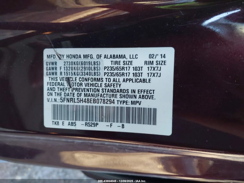 2014 Honda Odyssey Ex VIN: 5FNRL5H48EB078294 Lot: 43884045