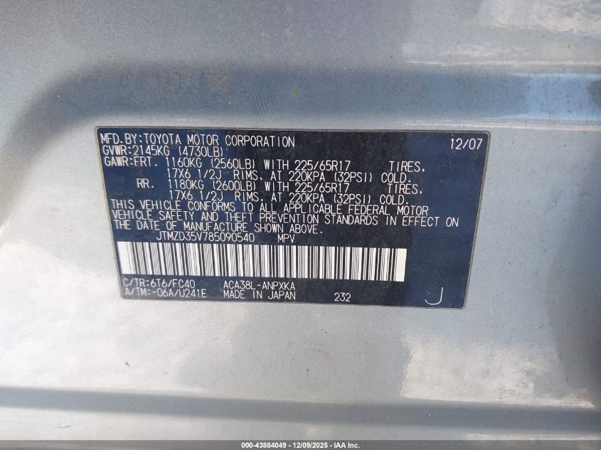 2008 Toyota Rav4 VIN: JTMZD35V785090540 Lot: 43884049