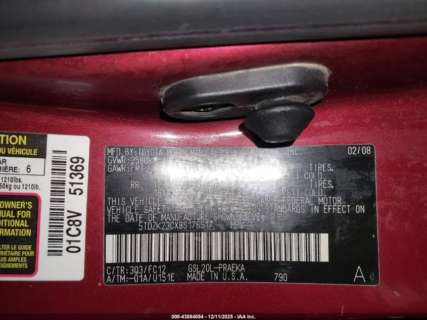 2008 Toyota Sienna Le VIN: 5TDZK23CX8S176517 Lot: 43884054