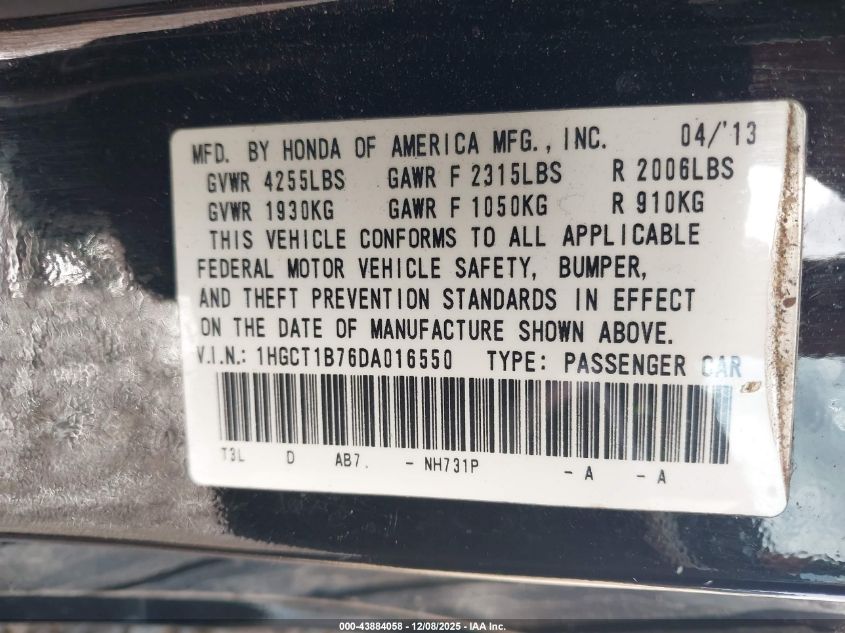 2013 Honda Accord Ex VIN: 1HGCT1B76DA016550 Lot: 43884058