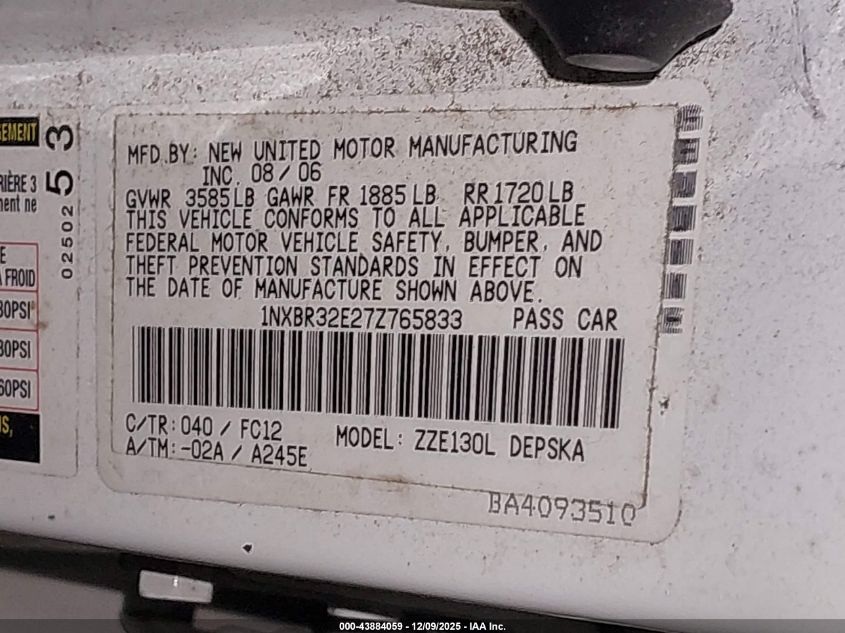 2007 Toyota Corolla S VIN: 1NXBR32E27Z765833 Lot: 43884059