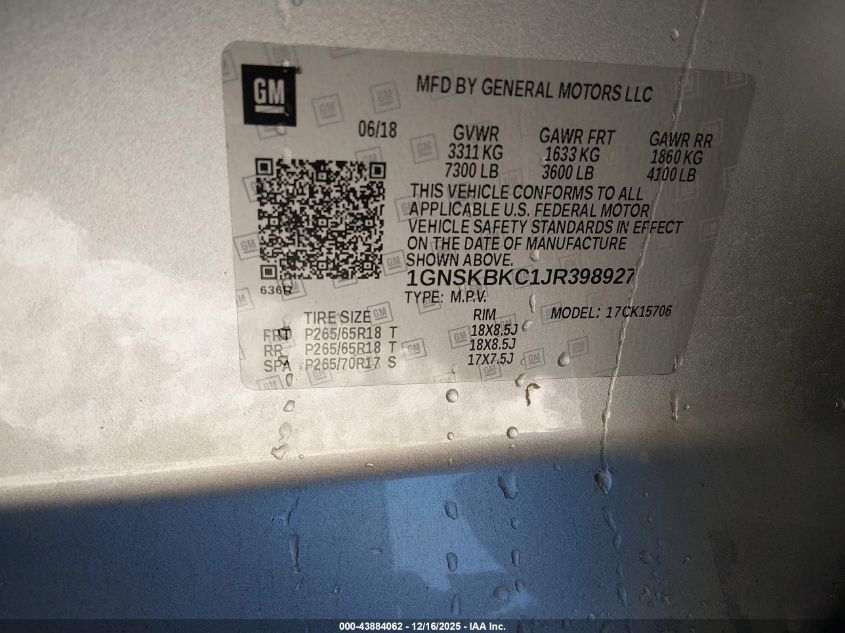 2018 Chevrolet Tahoe Lt VIN: 1GNSKBKC1JR398927 Lot: 43884062