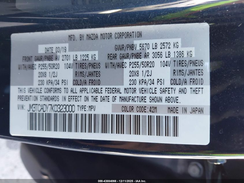 2019 Mazda Cx-9 Grand Touring VIN: JM3TCADY7K0323000 Lot: 43884066