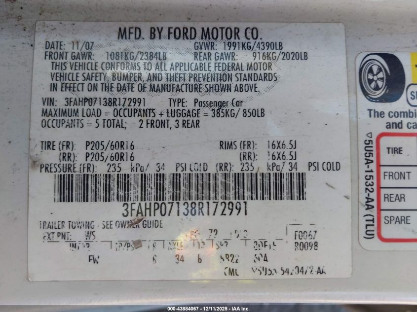 2008 Ford Fusion Se VIN: 3FAHP07138R172991 Lot: 43884067