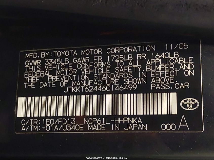 2006 Scion Xa VIN: JTKKT624460146499 Lot: 43884077