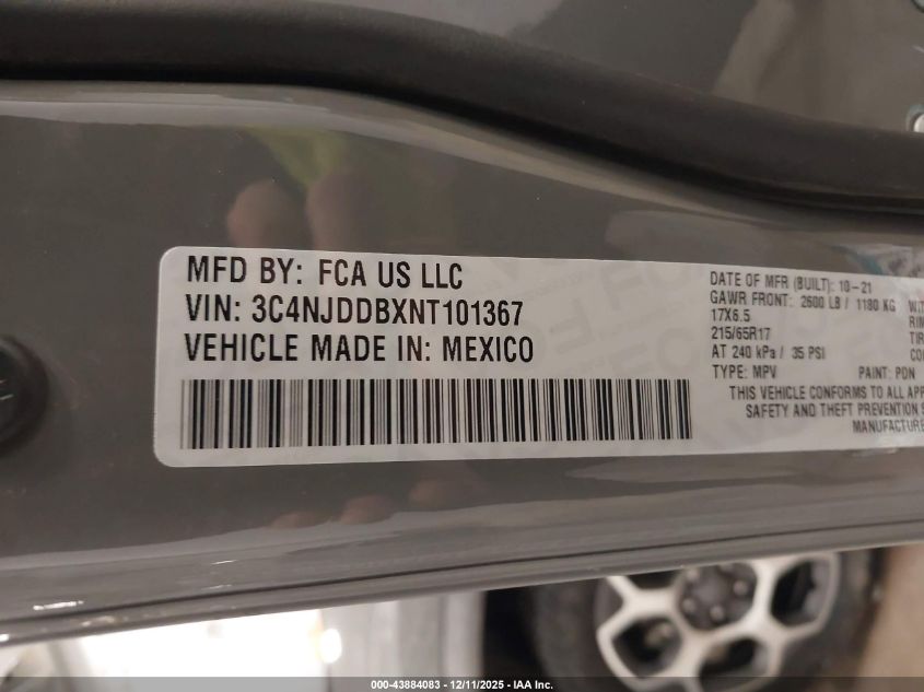 2022 Jeep Compass Trailhawk 4X4 VIN: 3C4NJDDBXNT101367 Lot: 43884083