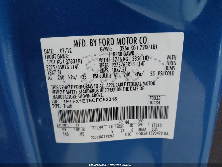 2012 Ford F-150 Xlt VIN: 1FTFX1ET6CFC52318 Lot: 43884084