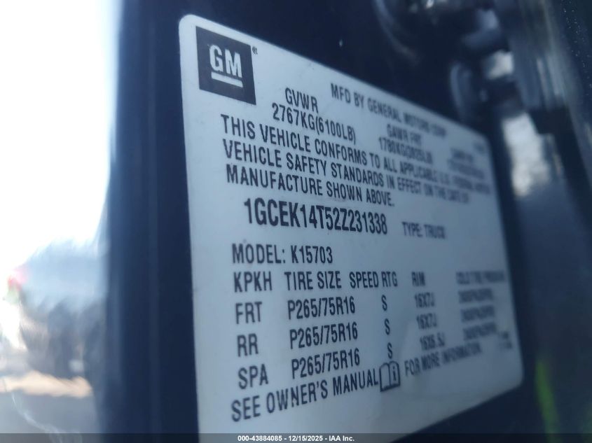 2002 Chevrolet Silverado 1500 Ls VIN: 1GCEK14T52Z231338 Lot: 43884085