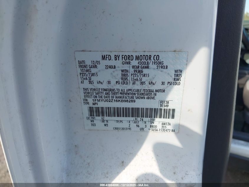 2006 Ford Escape Xls/Xls Manual VIN: 1FMYU02Z16KB98289 Lot: 43884086