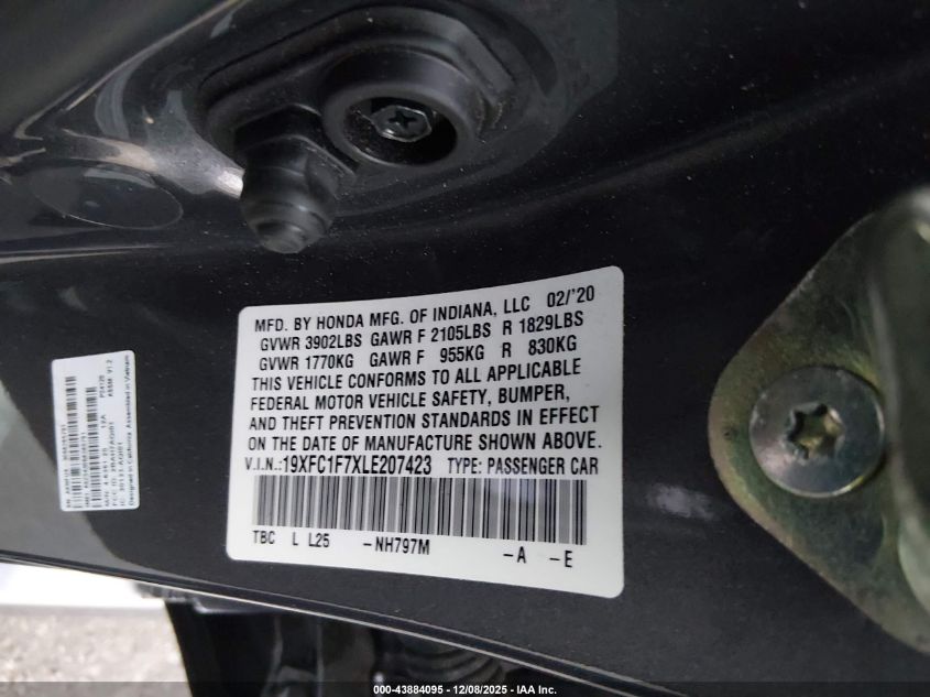 2020 Honda Civic Ex-L VIN: 19XFC1F7XLE207423 Lot: 43884095