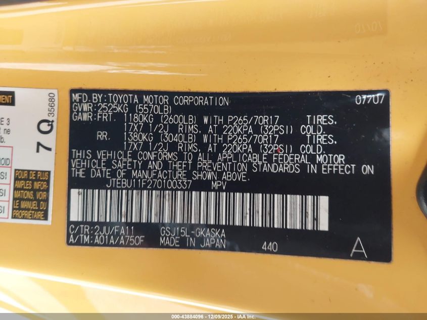 2007 Toyota Fj Cruiser VIN: JTEBU11F270100337 Lot: 43884096
