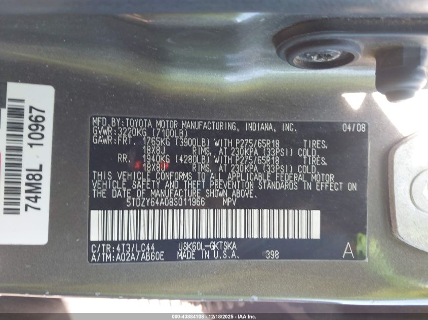 2008 Toyota Sequoia Sr5 5.7L V8 VIN: 5TDZY64A08S011966 Lot: 43884108